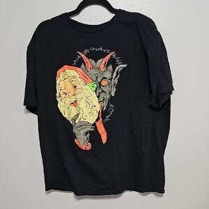 Black Graphic T-Shirt with Santa and Krampus Design XL